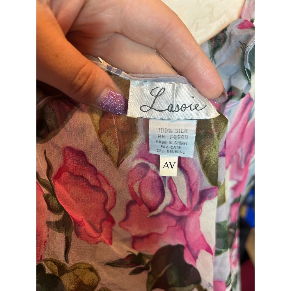 Lasoie SILK Pink Floral Rose Flutter Sleeve Nightgown 2 Piece Lingerie VTG L - Picture 8 of 12